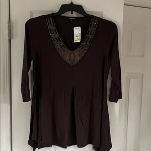 Beaded V-Neck Tunic - Dark Brown